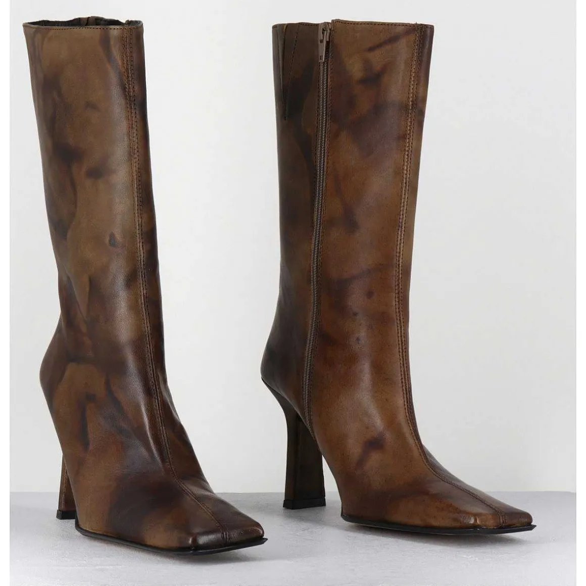 Boots Talon Haut & Bout Carre En Cuir Marron Vieilli - Noor Brown Ankle Boots