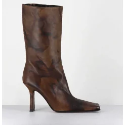 Boots Talon Haut & Bout Carre En Cuir Marron Vieilli - Noor Brown Ankle Boots