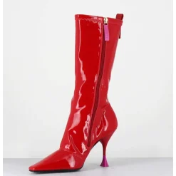 Boots Talon Haut En Vernis Stretch Rouge 90S - Gilda Cris Eros