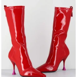 Boots Talon Haut En Vernis Stretch Rouge 90S - Gilda Cris Eros