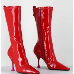 Boots Talon Haut En Vernis Stretch Rouge 90S - Gilda Cris Eros