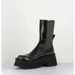 Boots Textile Stretch&Cuir Noir Brosse Khaki - Amarah Khaki Boots