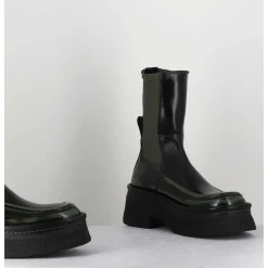 Boots Textile Stretch&Cuir Noir Brosse Khaki - Amarah Khaki Boots