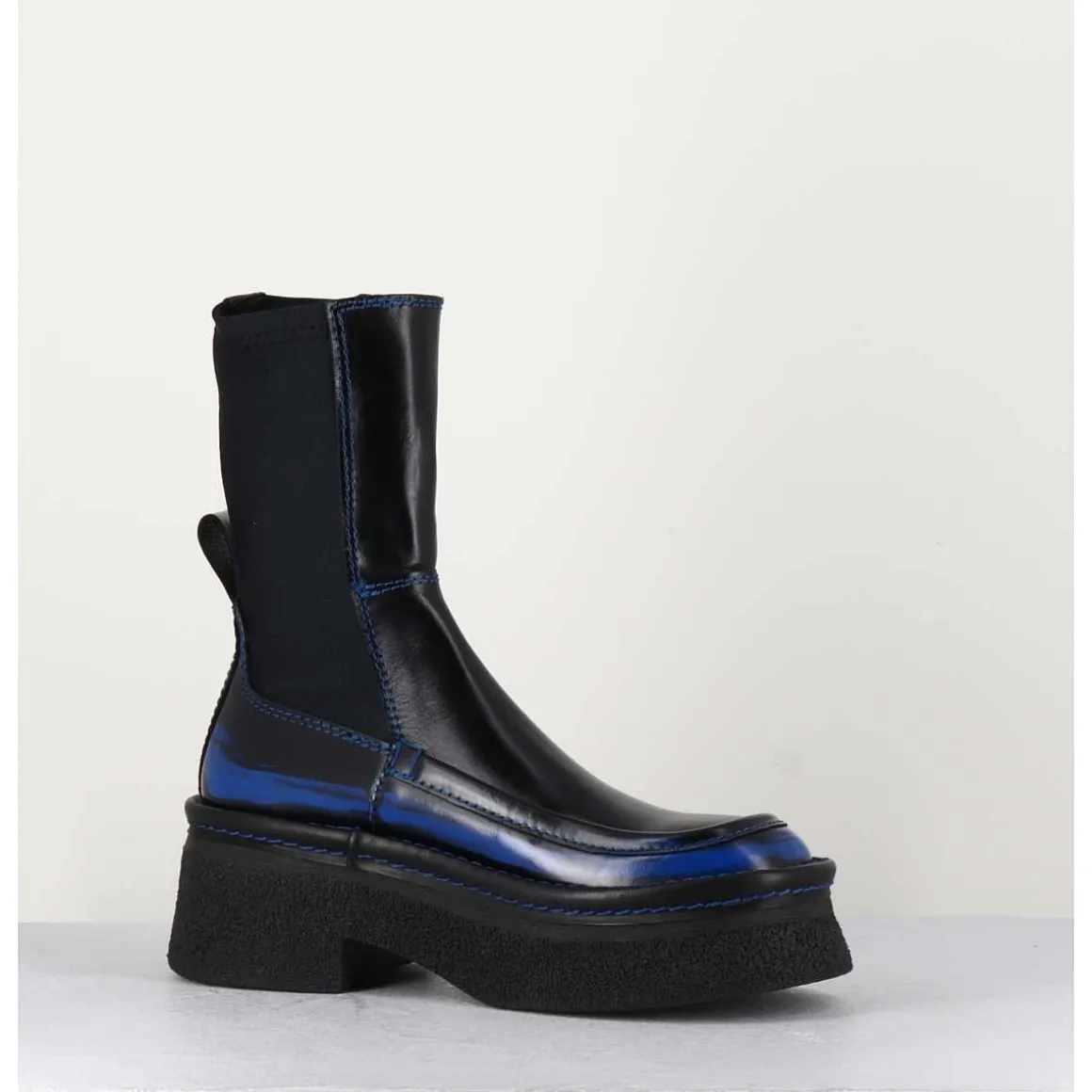 Boots Textile Stretch&Cuir Noir Brosse Bleu - Amarah Blue Boots