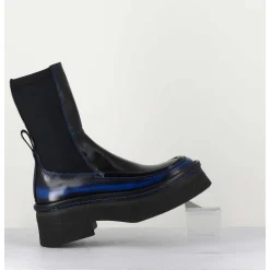 Boots Textile Stretch&Cuir Noir Brosse Bleu - Amarah Blue Boots