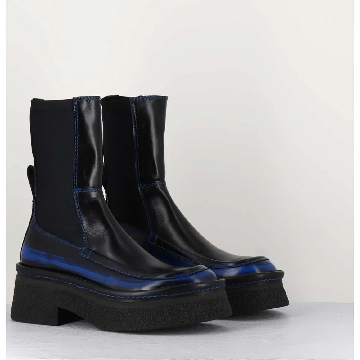 Boots Textile Stretch&Cuir Noir Brosse Bleu - Amarah Blue Boots