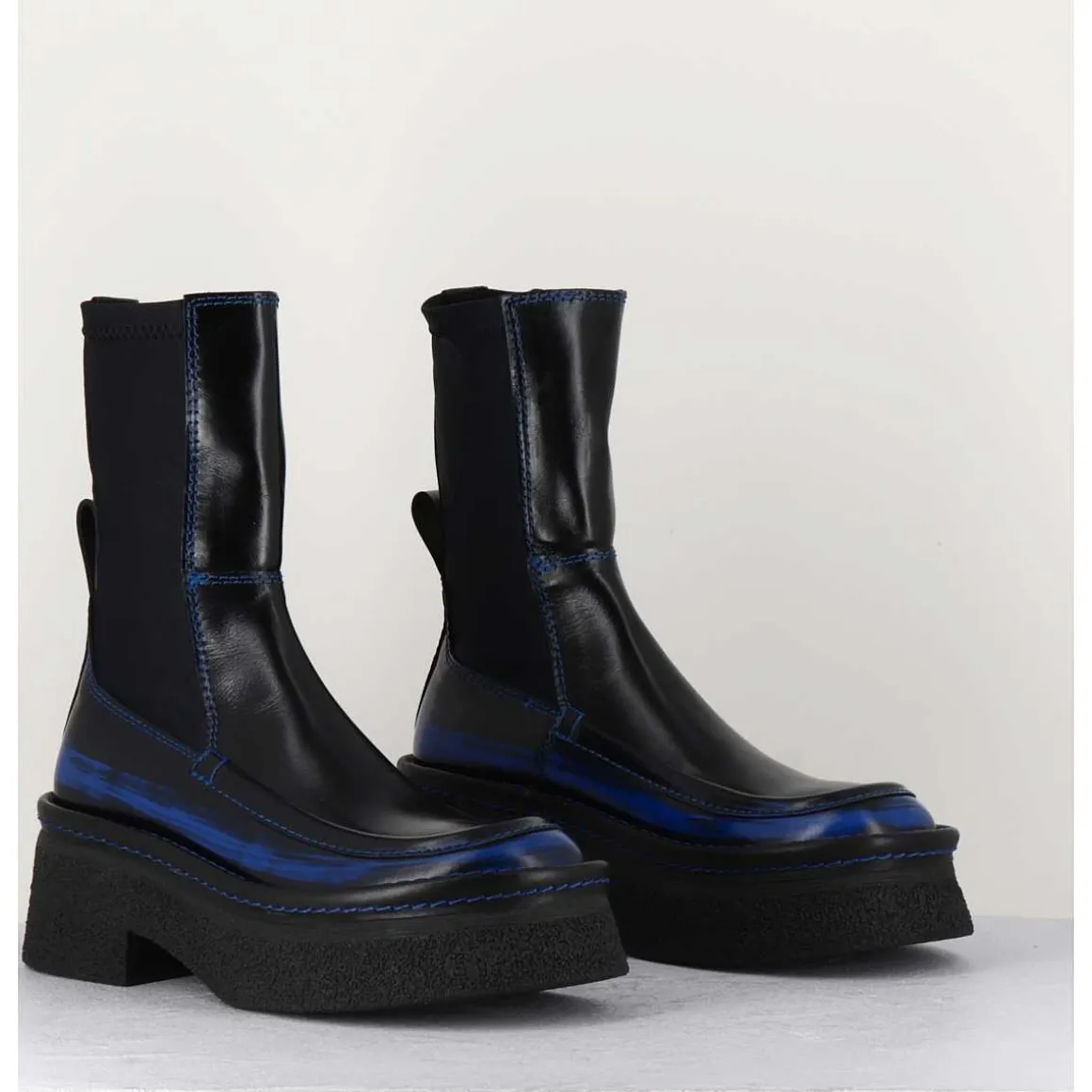 Boots Textile Stretch&Cuir Noir Brosse Bleu - Amarah Blue Boots