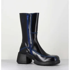 Boots Tige Haute En Cuir Lisse Noir Aux Bords Bleus - Mieko Blu Boots