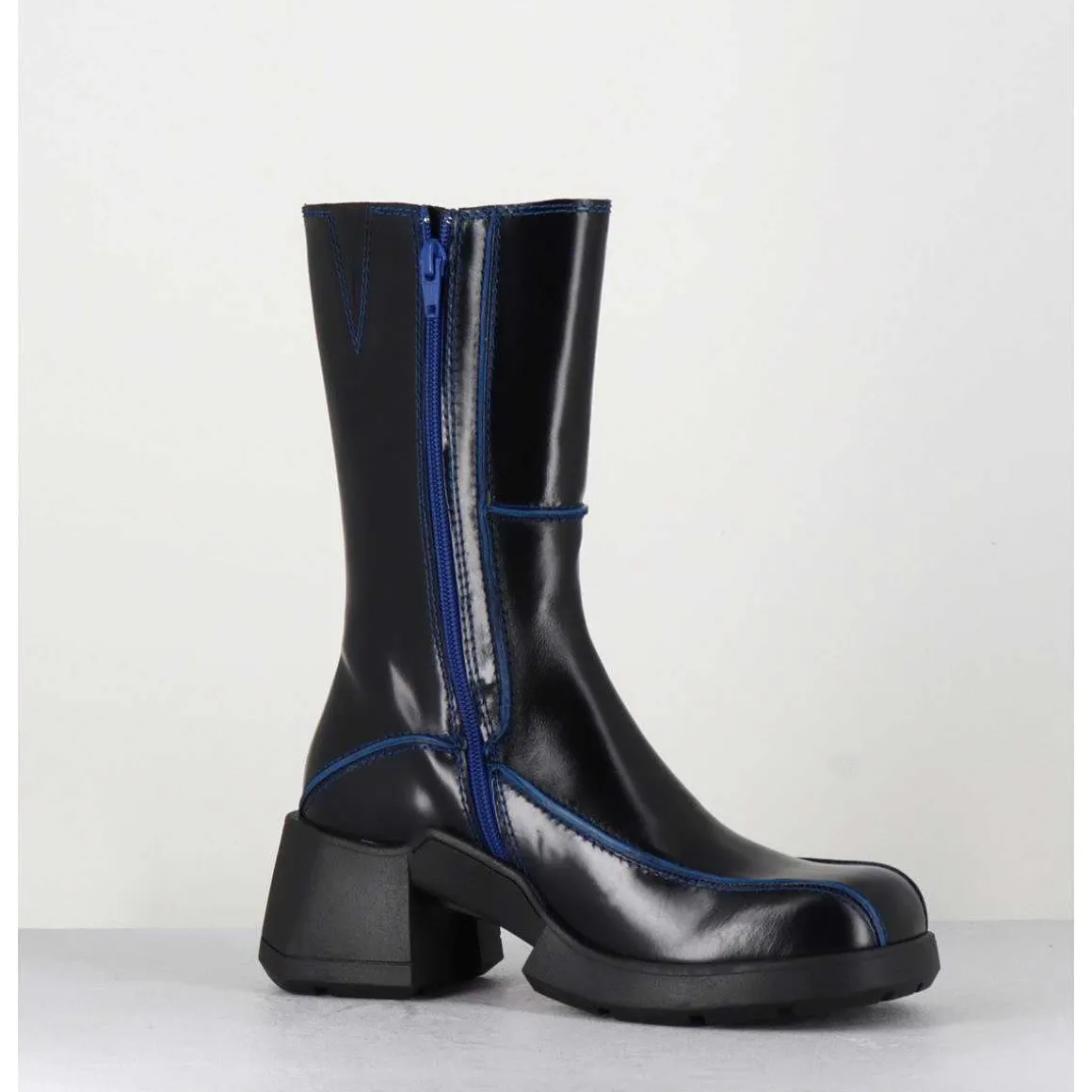 Boots Tige Haute En Cuir Lisse Noir Aux Bords Bleus - Mieko Blu Boots