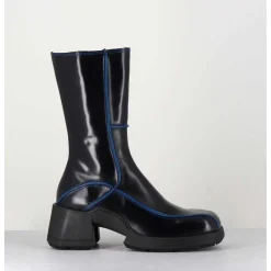 Boots Tige Haute En Cuir Lisse Noir Aux Bords Bleus - Mieko Blu Boots
