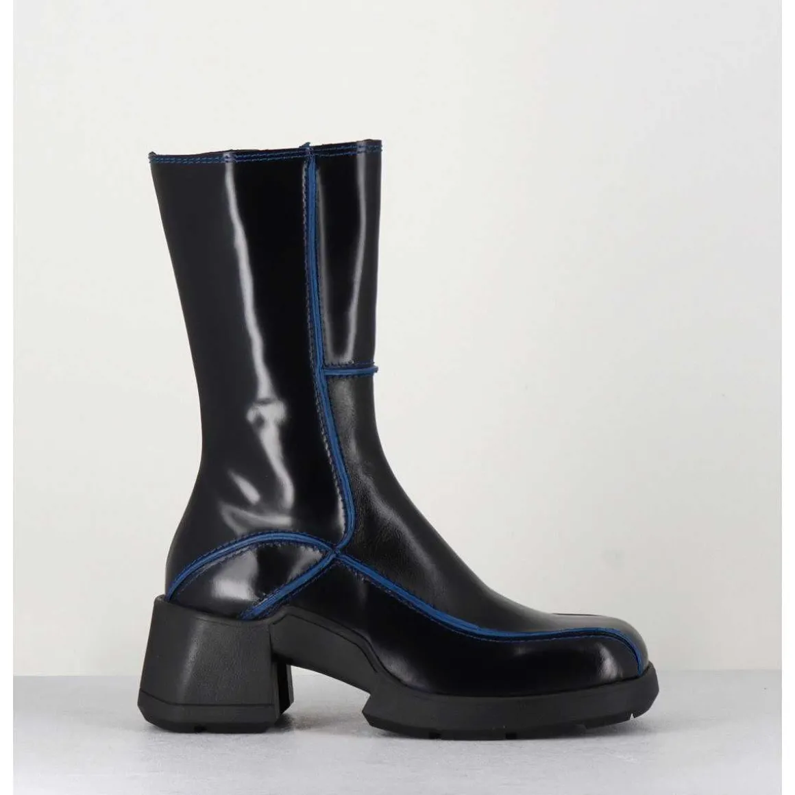 Boots Tige Haute En Cuir Lisse Noir Aux Bords Bleus - Mieko Blu Boots