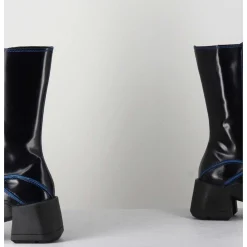Boots Tige Haute En Cuir Lisse Noir Aux Bords Bleus - Mieko Blu Boots