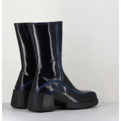 Boots Tige Haute En Cuir Lisse Noir Aux Bords Bleus - Mieko Blu Boots