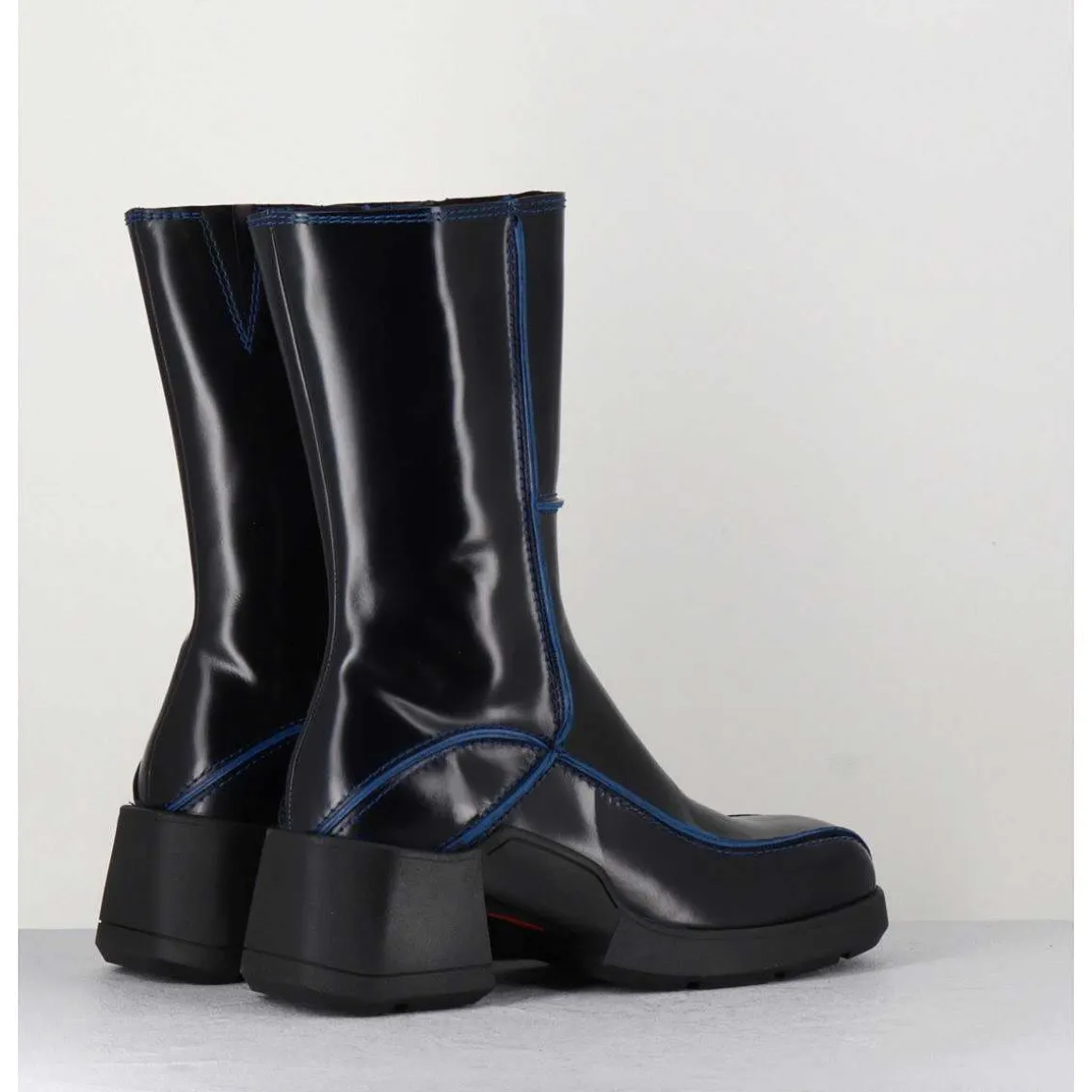 Boots Tige Haute En Cuir Lisse Noir Aux Bords Bleus - Mieko Blu Boots