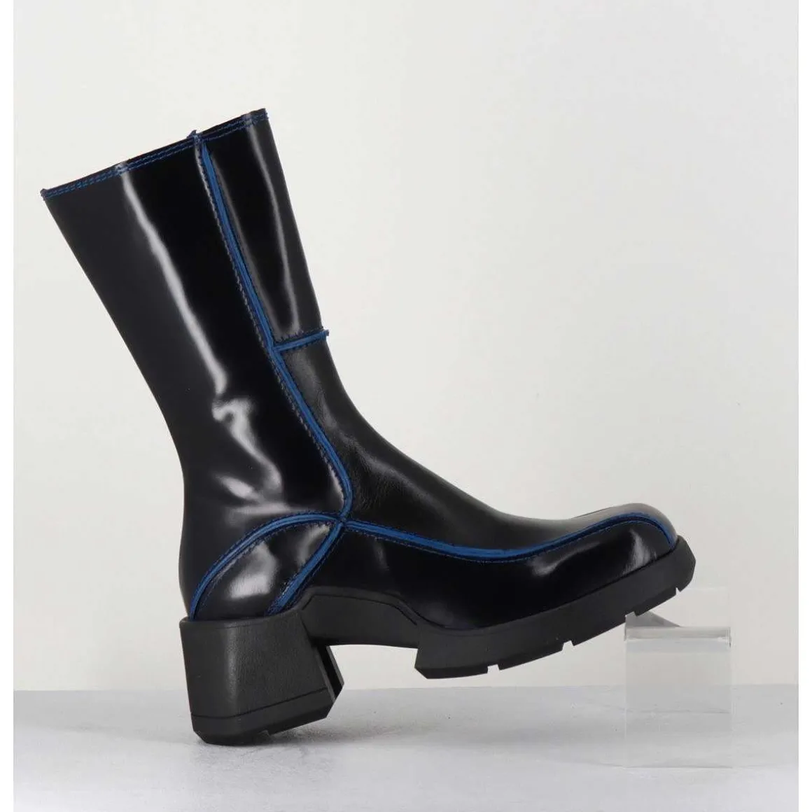 Boots Tige Haute En Cuir Lisse Noir Aux Bords Bleus - Mieko Blu Boots
