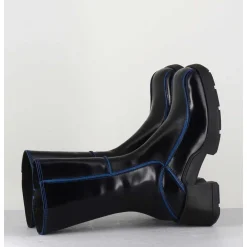 Boots Tige Haute En Cuir Lisse Noir Aux Bords Bleus - Mieko Blu Boots