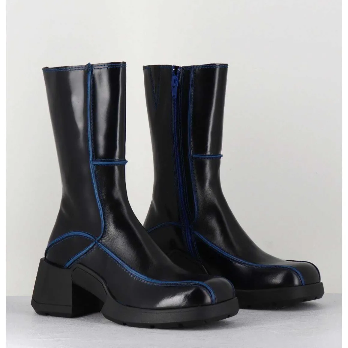 Boots Tige Haute En Cuir Lisse Noir Aux Bords Bleus - Mieko Blu Boots