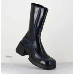 Boots Tige Haute En Cuir Lisse Noir Aux Bords Bleus - Mieko Blu Boots