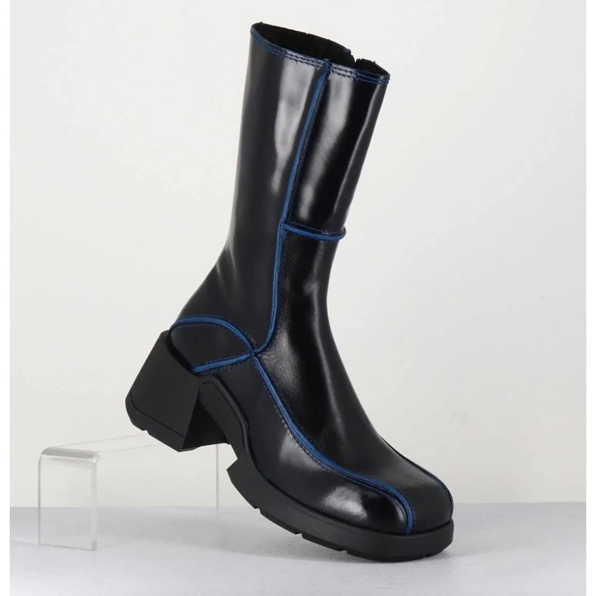 Boots Tige Haute En Cuir Lisse Noir Aux Bords Bleus - Mieko Blu Boots