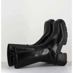 Boots Tige Haute En Cuir Lisse Noir Aux Bords Khaki - Mieko Black Boots