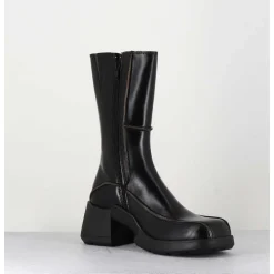 Boots Tige Haute En Cuir Lisse Noir Aux Bords Khaki - Mieko Black Boots