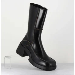 Boots Tige Haute En Cuir Lisse Noir Aux Bords Khaki - Mieko Black Boots