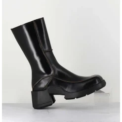 Boots Tige Haute En Cuir Lisse Noir Aux Bords Khaki - Mieko Black Boots