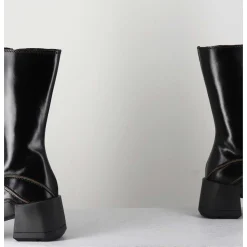 Boots Tige Haute En Cuir Lisse Noir Aux Bords Khaki - Mieko Black Boots