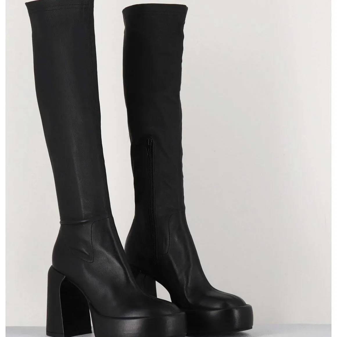 Bottes A Plateforme En Cuir Stretch Noir - E3307 Nera