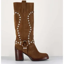 Bottes Bikers Daim Camel & Clous - Volta Velour Cuoio