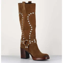 Bottes Bikers Daim Camel & Clous - Volta Velour Cuoio
