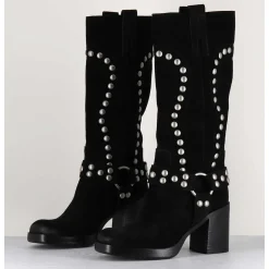 Bottes Bikers Daim Noir & Clous - Volta Velour Black