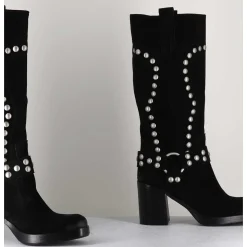 Bottes Bikers Daim Noir & Clous - Volta Velour Black