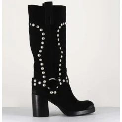 Bottes Bikers Daim Noir & Clous - Volta Velour Black