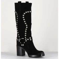 Bottes Bikers Daim Noir & Clous - Volta Velour Black