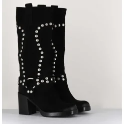 Bottes Bikers Daim Noir & Clous - Volta Velour Black