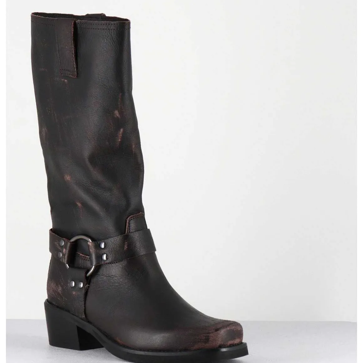 Bottes Bikers En Cuir Use Marron Fonce - Gan Vintage Moro
