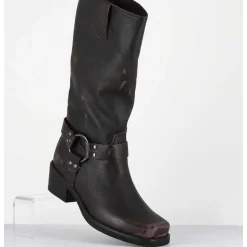 Bottes Bikers En Cuir Use Marron Fonce - Gan Vintage Moro