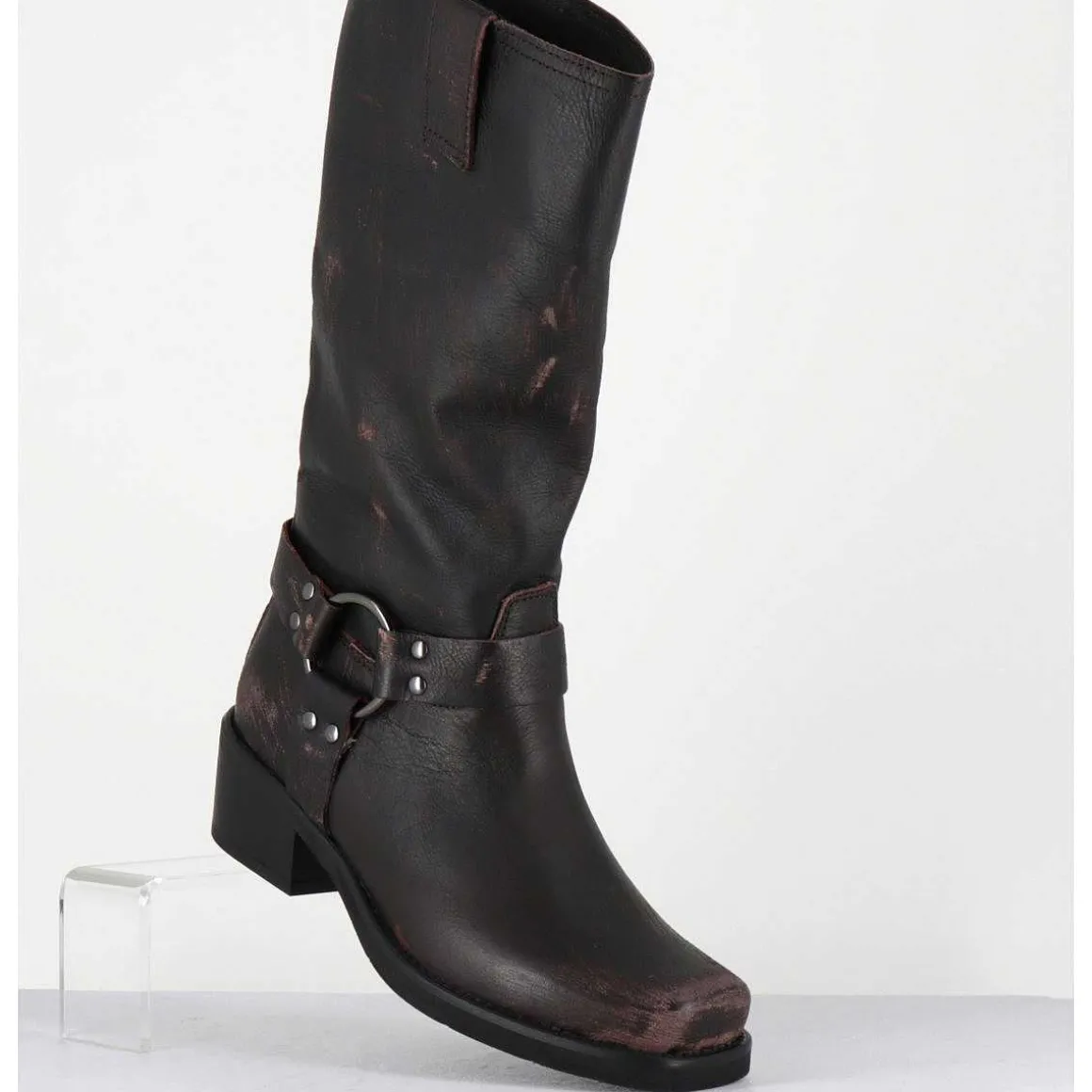Bottes Bikers En Cuir Use Marron Fonce - Gan Vintage Moro