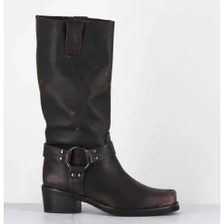 Bottes Bikers En Cuir Use Marron Fonce - Gan Vintage Moro