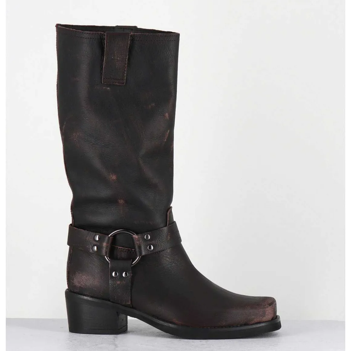 Bottes Bikers En Cuir Use Marron Fonce - Gan Vintage Moro