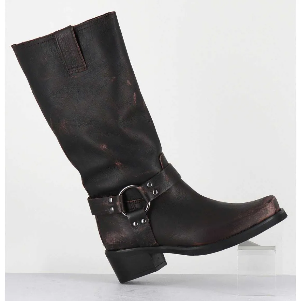 Bottes Bikers En Cuir Use Marron Fonce - Gan Vintage Moro