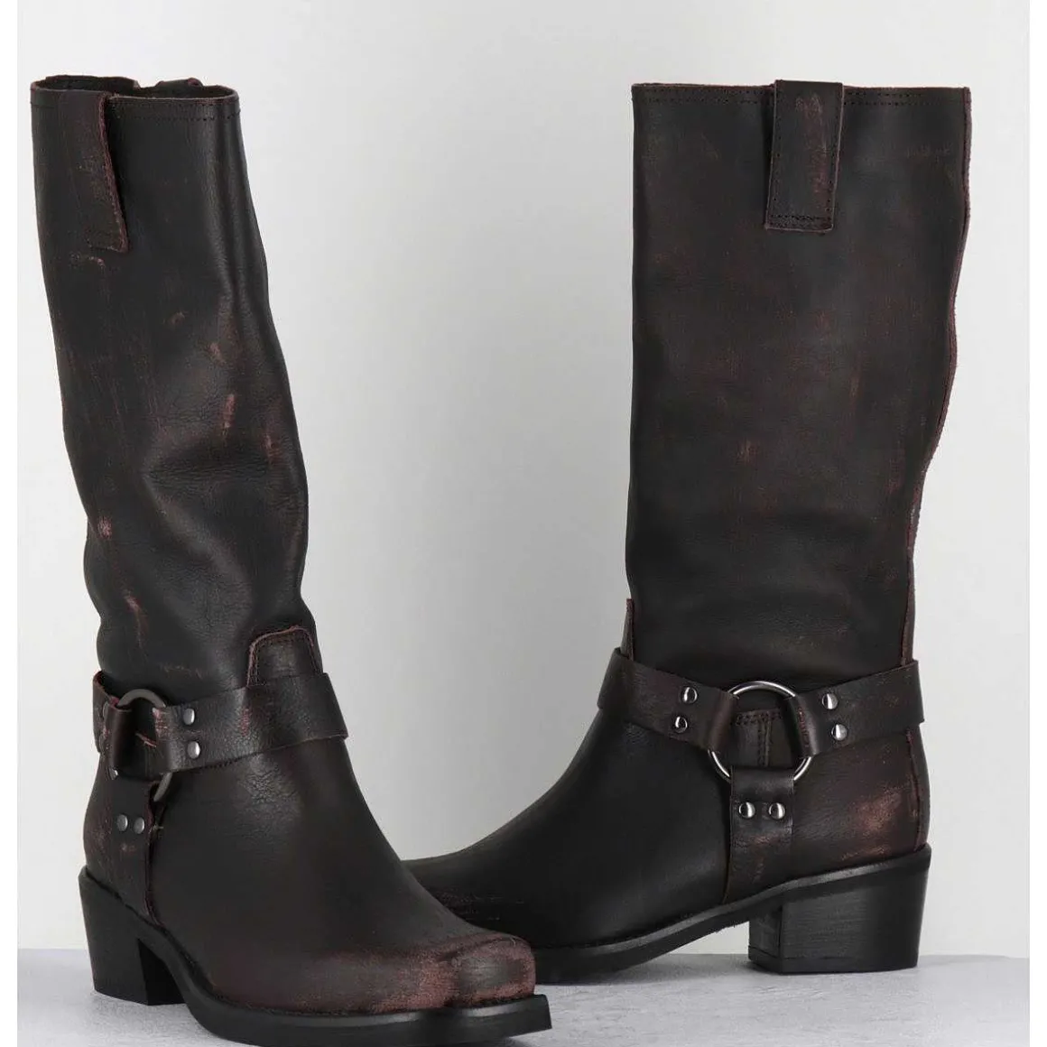 Bottes Bikers En Cuir Use Marron Fonce - Gan Vintage Moro