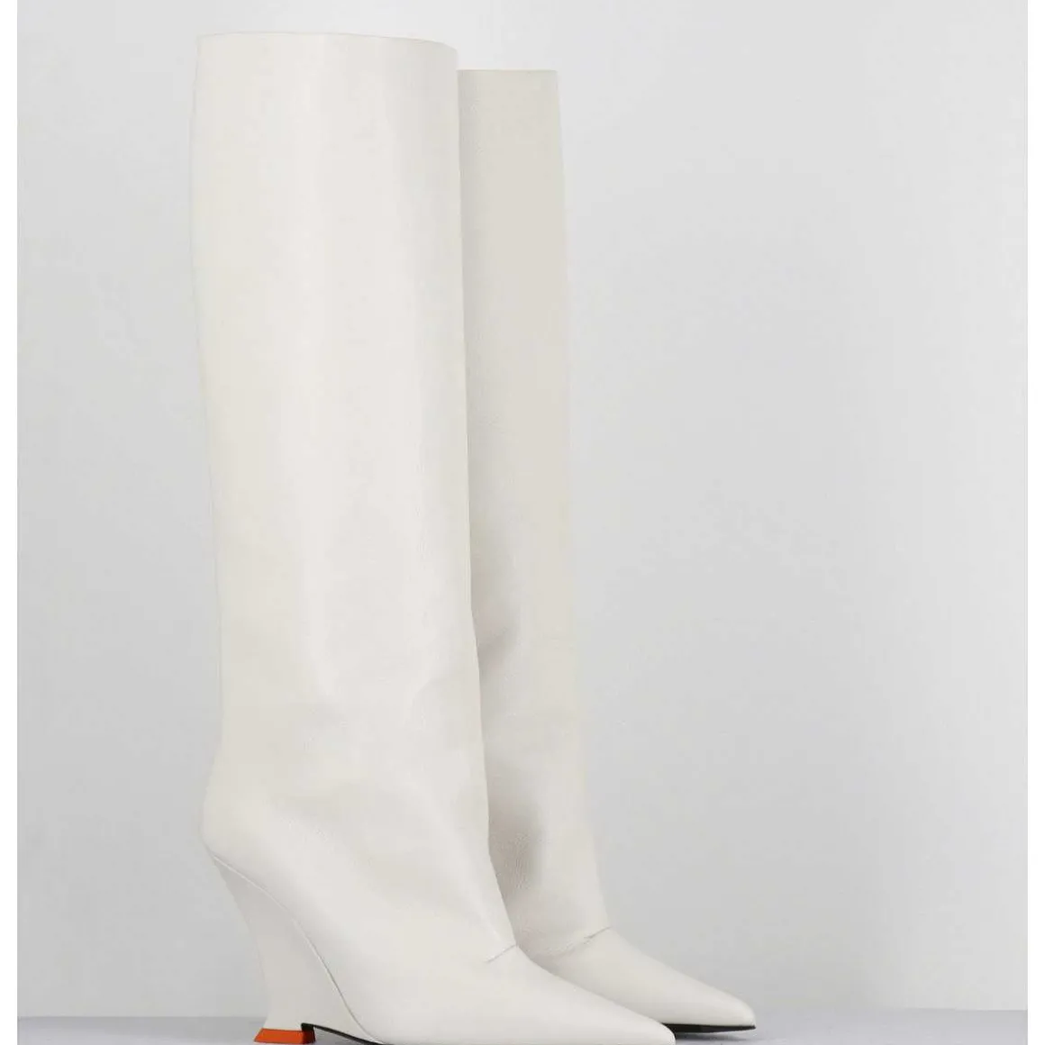 Bottes Bout Pointu En Cuir Blanc Talon Compense Y2K - Numa Oxford Ivory