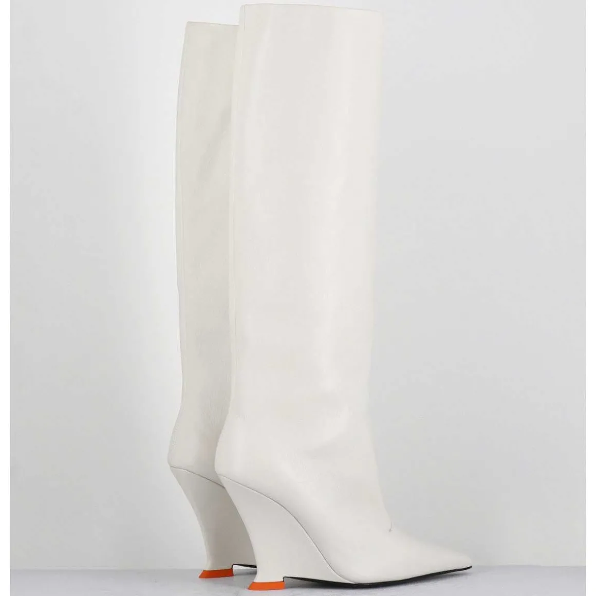 Bottes Bout Pointu En Cuir Blanc Talon Compense Y2K - Numa Oxford Ivory