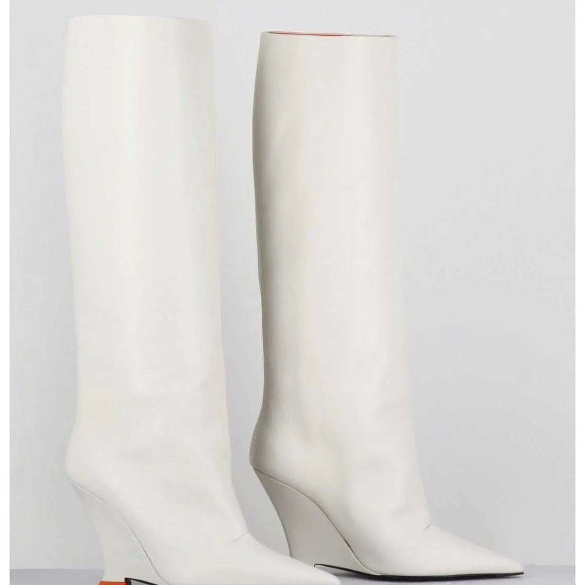 Bottes Bout Pointu En Cuir Blanc Talon Compense Y2K - Numa Oxford Ivory