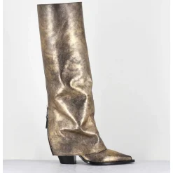 Bottes Santiag A Guetre En Cuir Dore Patine Noir - E3868 Mister Oro