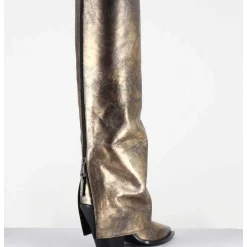 Bottes Santiag A Guetre En Cuir Dore Patine Noir - E3868 Mister Oro