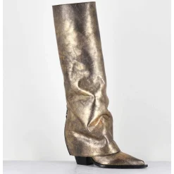 Bottes Santiag A Guetre En Cuir Dore Patine Noir - E3868 Mister Oro