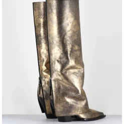 Bottes Santiag A Guetre En Cuir Dore Patine Noir - E3868 Mister Oro